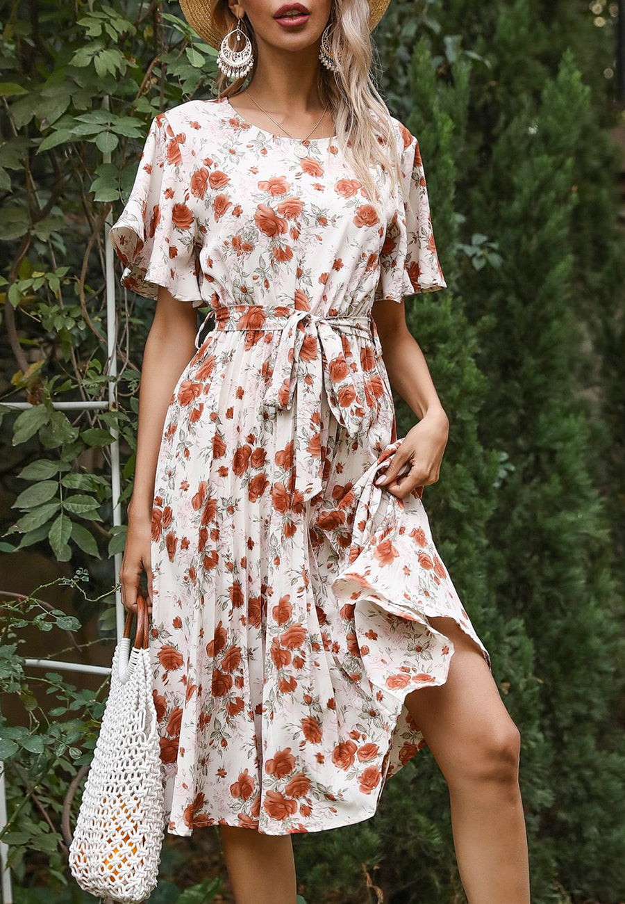 Round Neck Floral Pleated Dress