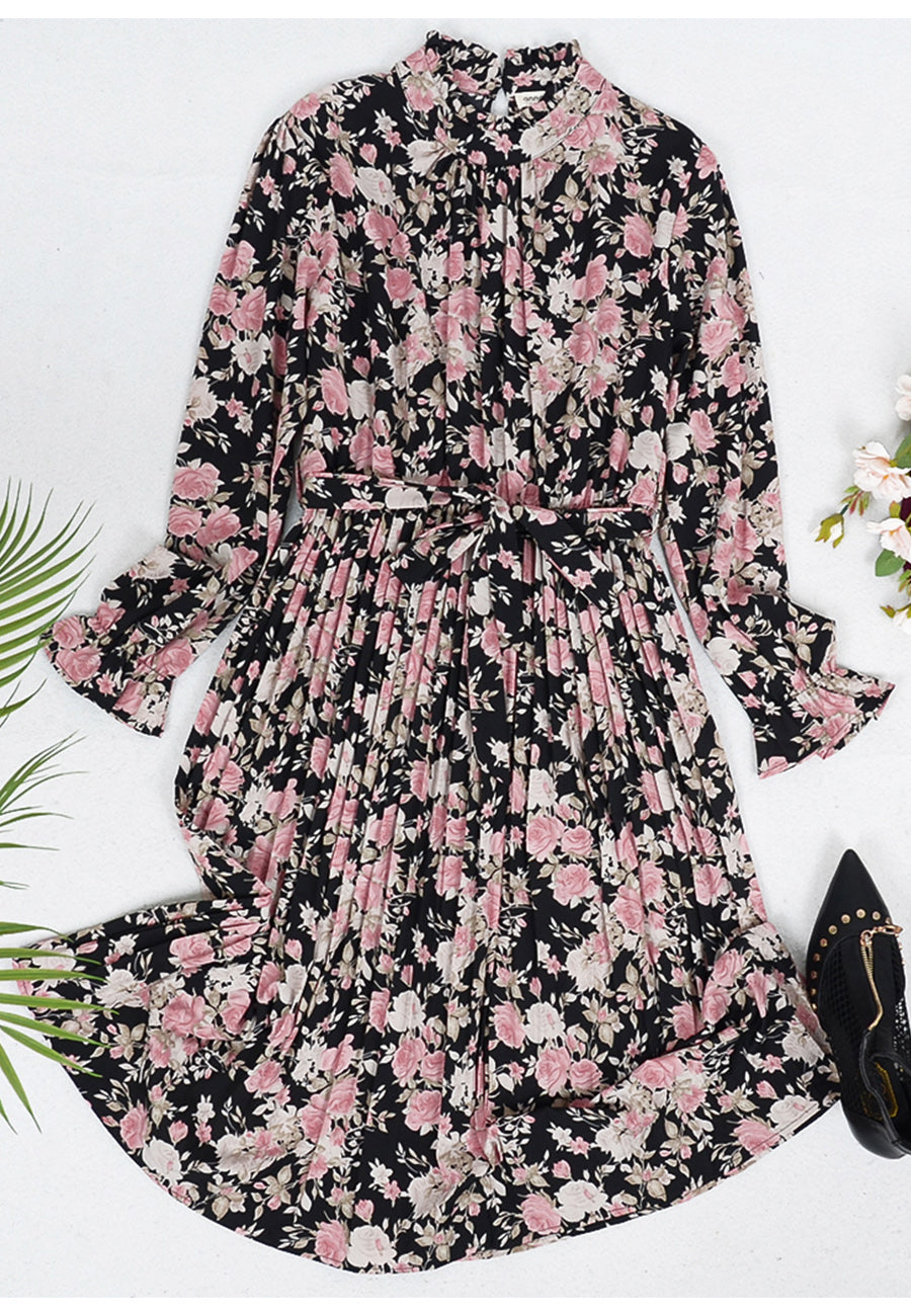 Vestido floral plisado con lazo en la cintura