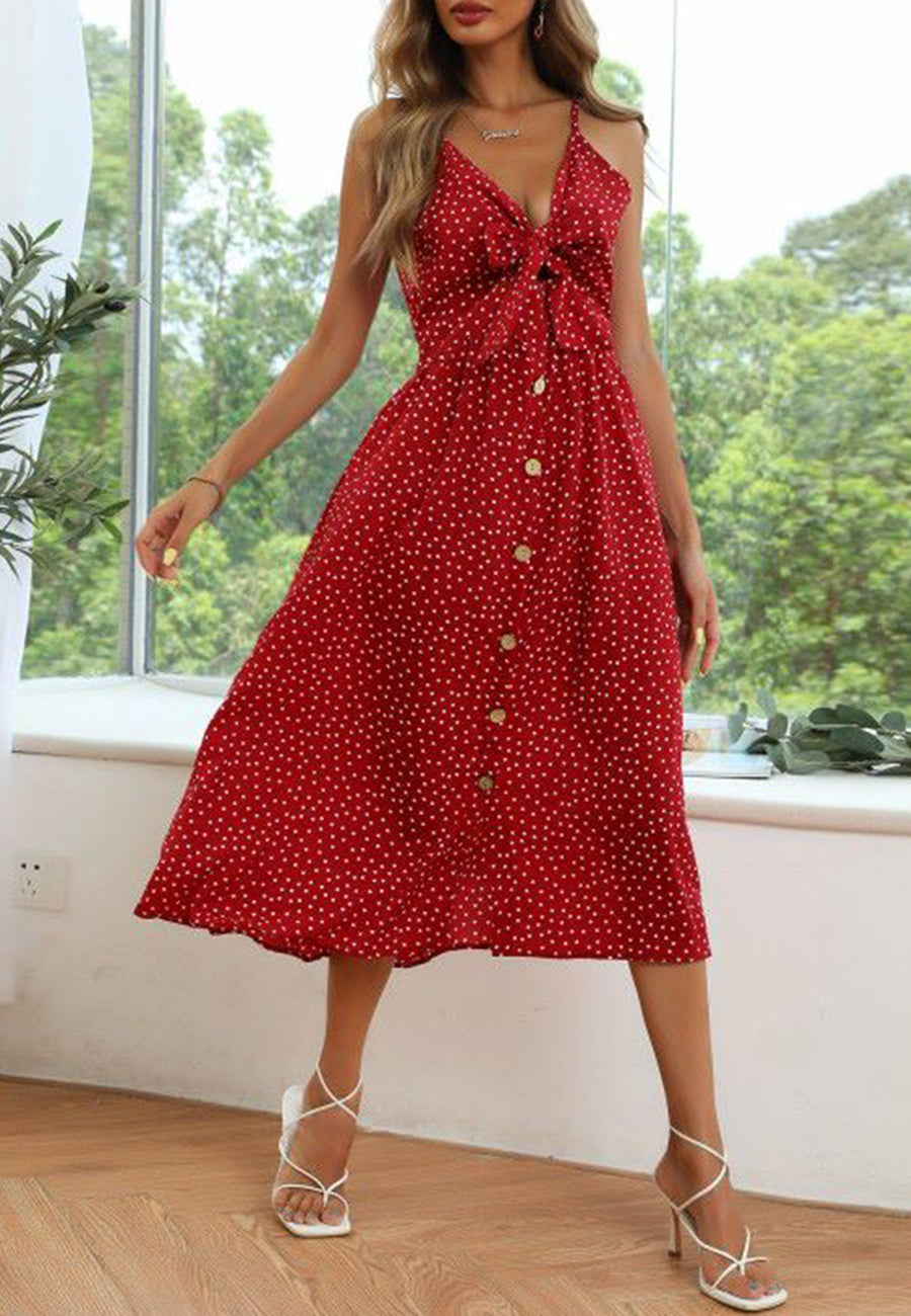 Red polka dot store button down dress