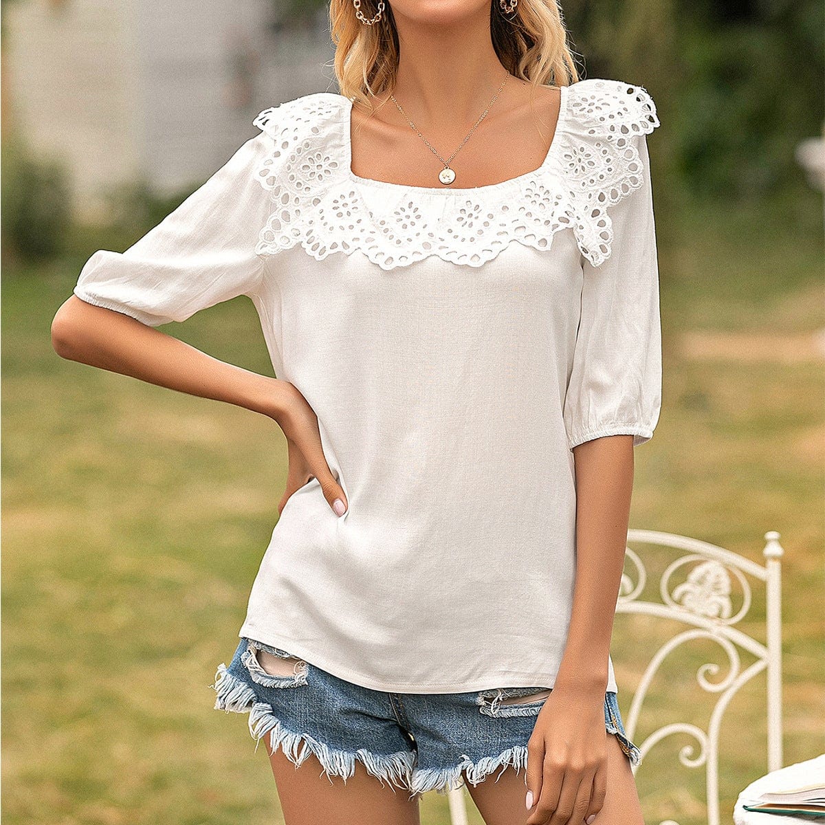 Square Neck Eyelet Trim Elbow Length Sleeve Blouse for Women