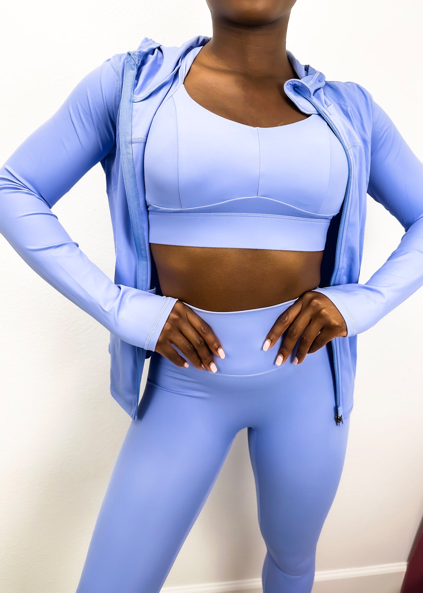 Three-Piece Hooded Zip Jacket, Sports Bra, and High-Rise Yoga