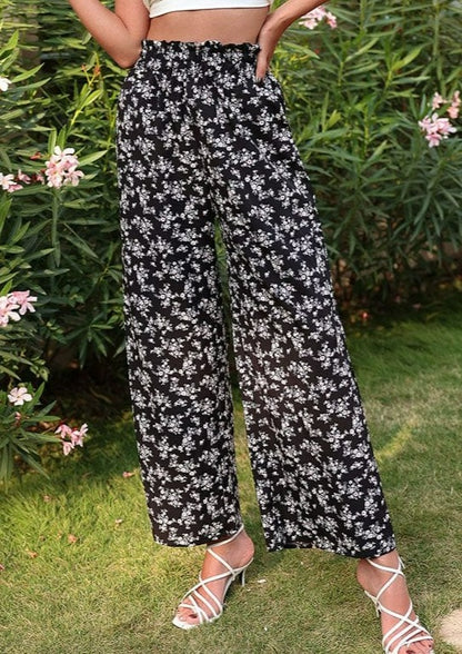 Shirred Floral Print Palazzo Pants