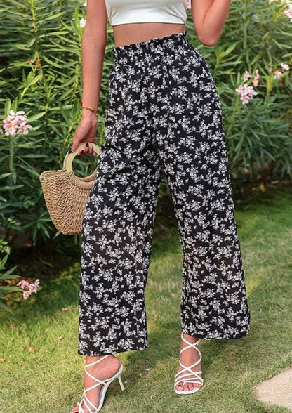 Shirred Floral Print Palazzo Pants