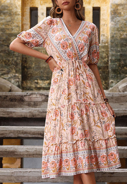 Vestido bohemio con estampado floral y mangas abullonadas