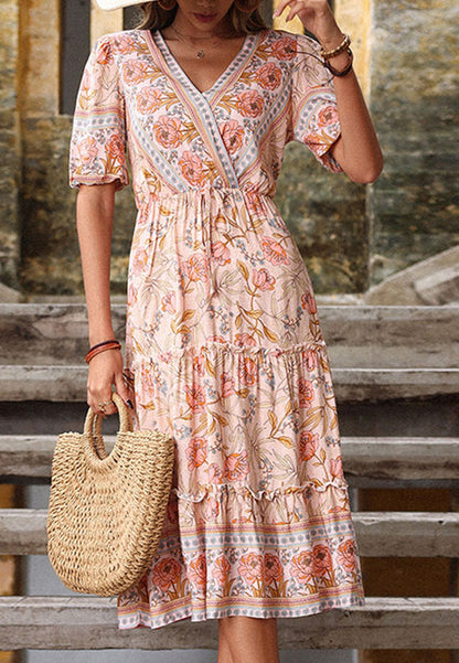 Vestido bohemio con estampado floral y mangas abullonadas