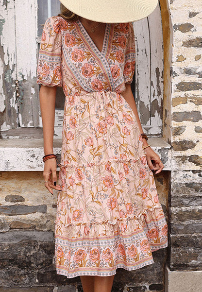 Vestido bohemio con estampado floral y mangas abullonadas