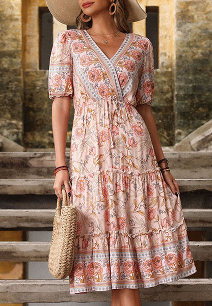 Vestido bohemio con estampado floral y mangas abullonadas