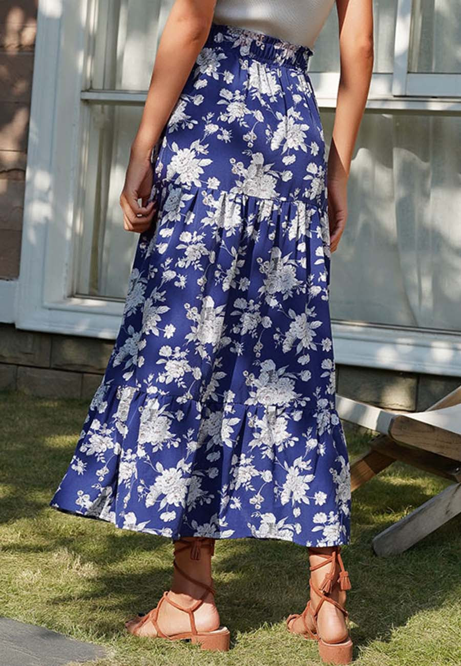 Shirred Waist Floral Maxi Skirt