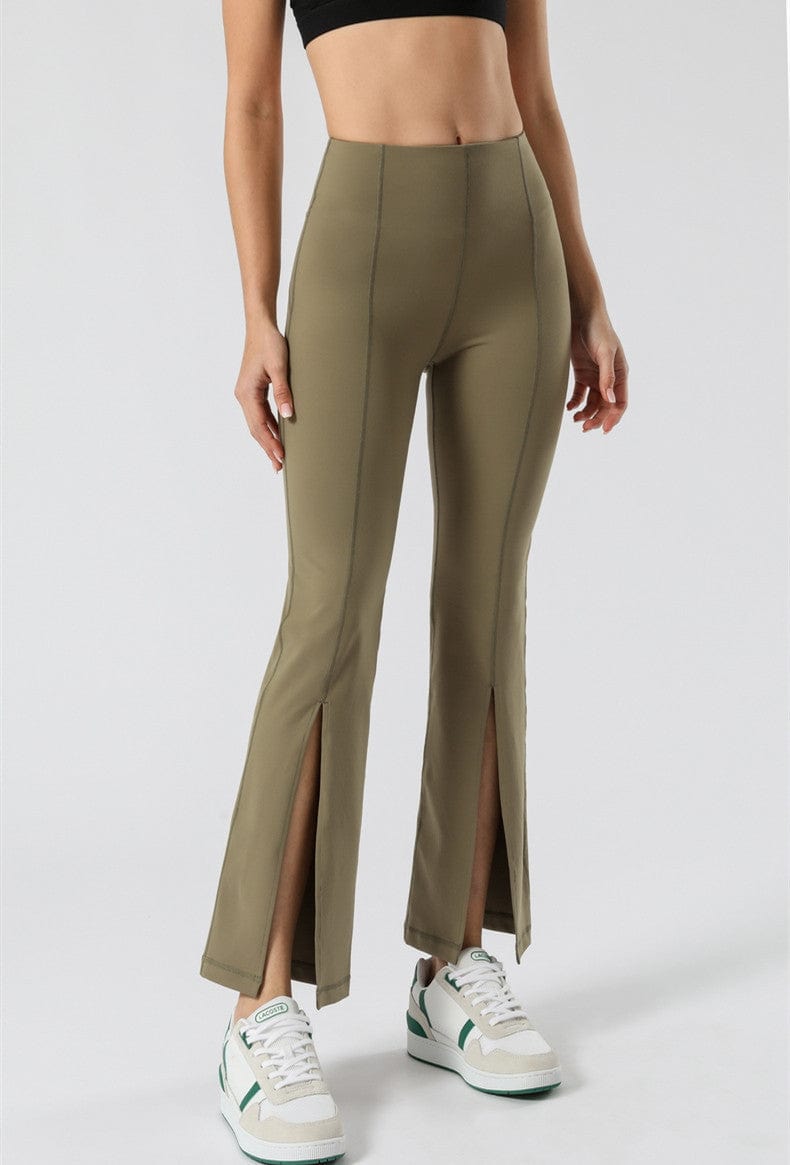 Soft and Comfortable Mid Waist Flare Pants with Center Front Slits 