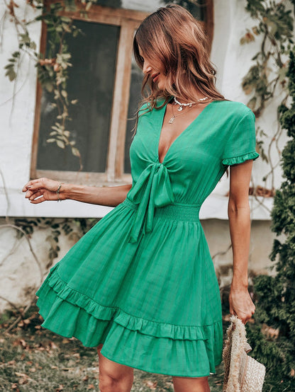 Tie Front Ruffle Hem Dress