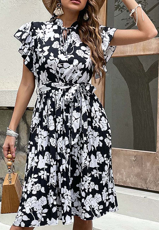 Tie Neck Ruffle Sleeve Dress