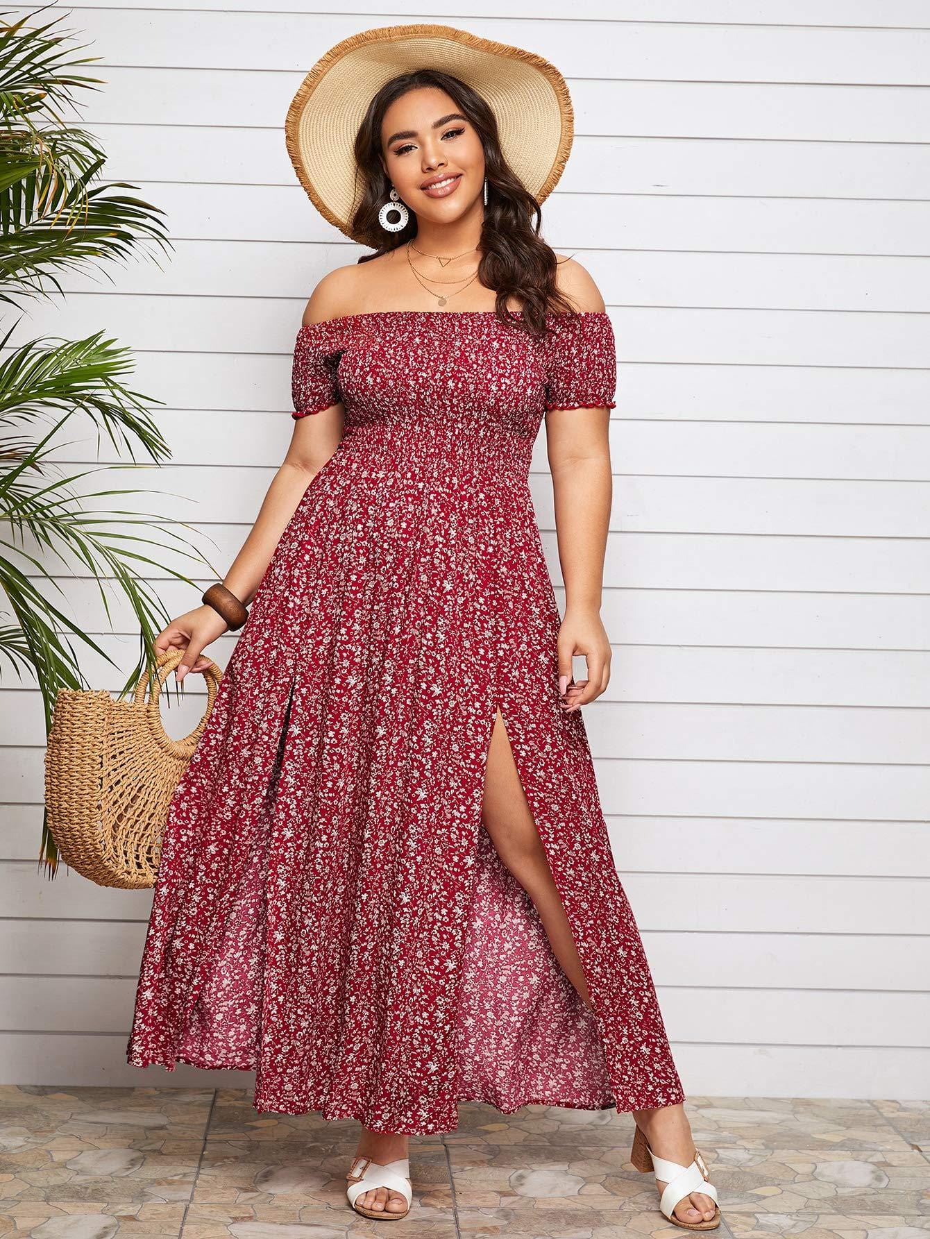 Plus Size Off Shoulder Floral Maxi Dress