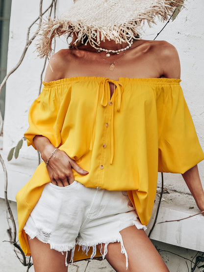 Button Down Off Shoulder Blouse