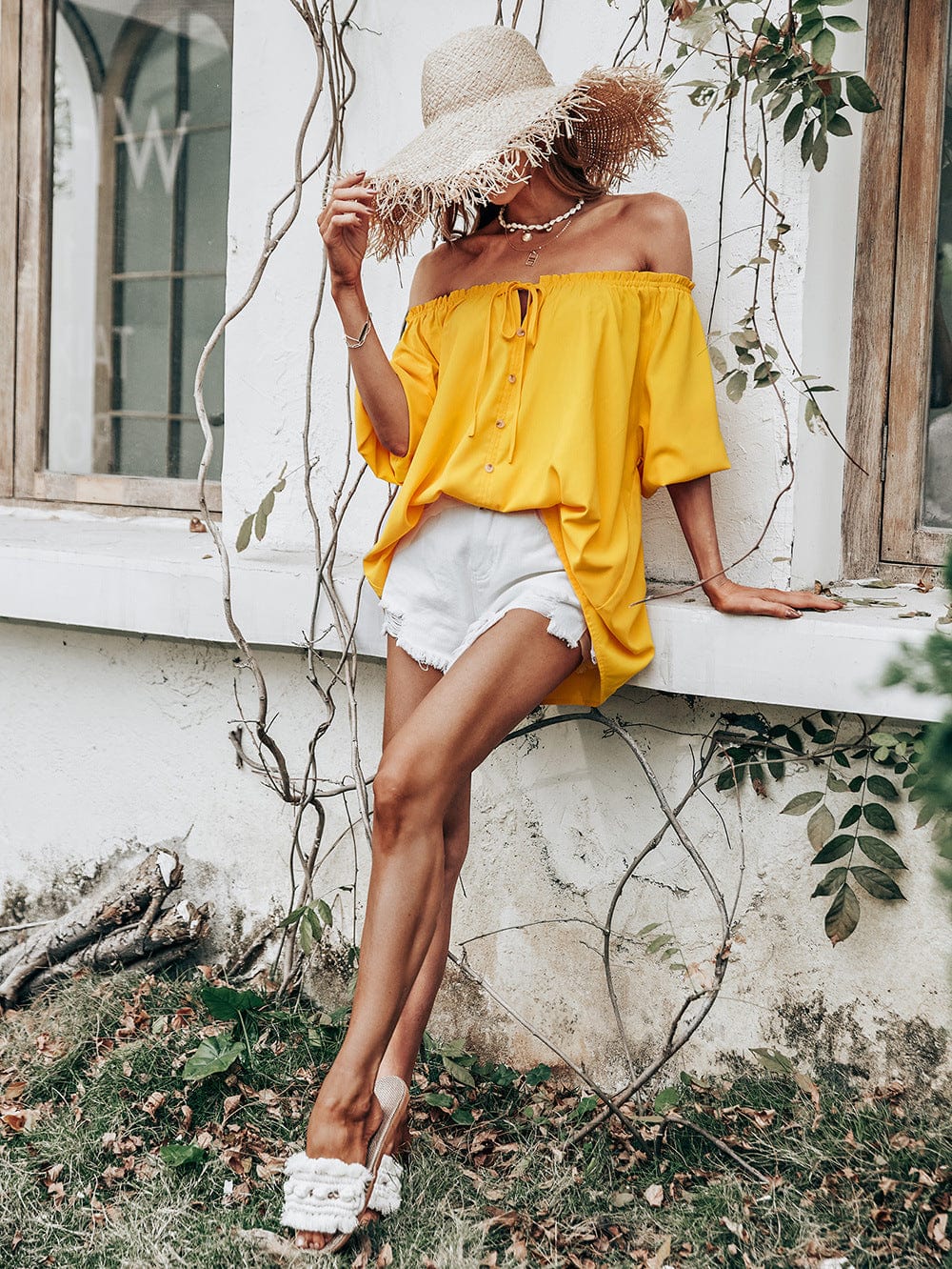 Button Down Off Shoulder Blouse