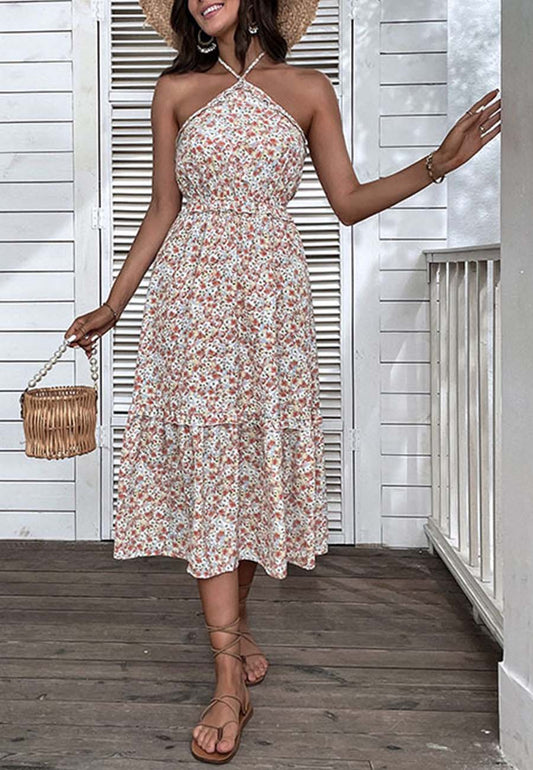 Vestido floral con escote en V y cintura fruncida