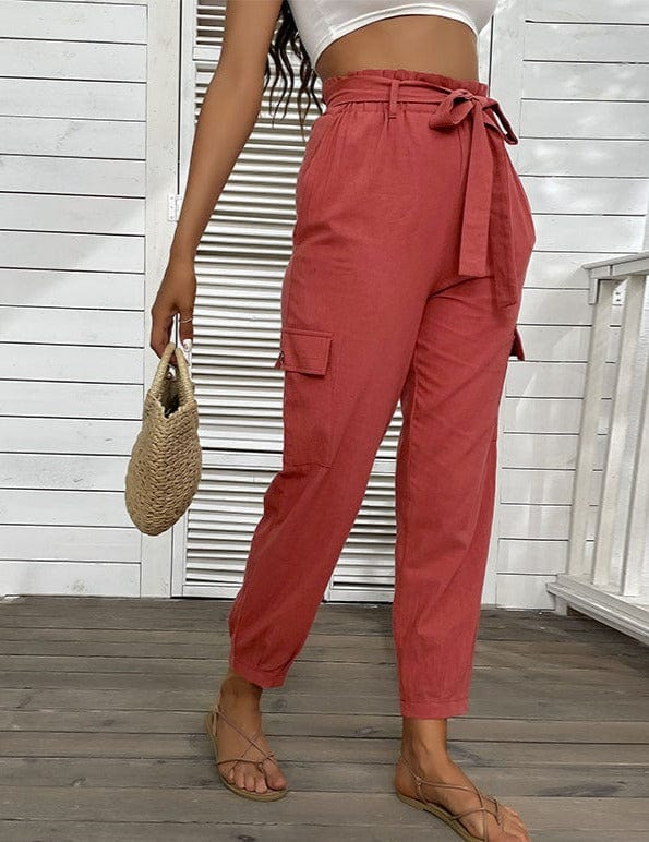 Tie Waist Multi-Pocket Trousers