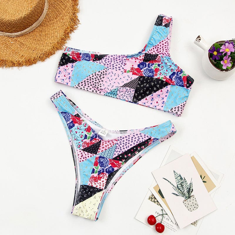 Floral Multicolored One Shoulder Bikini Set