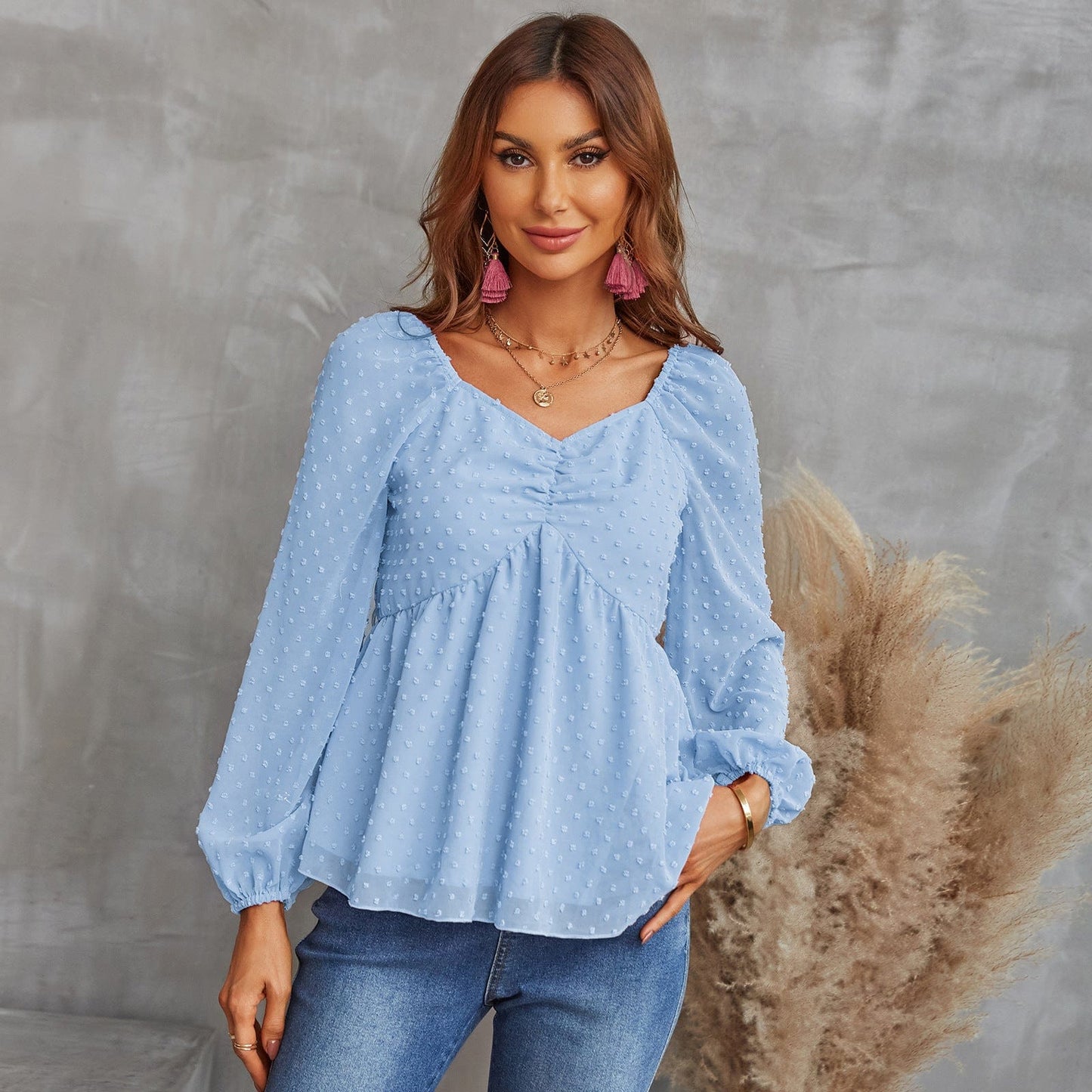 Clip Dot Sweetheart Neck Blouse