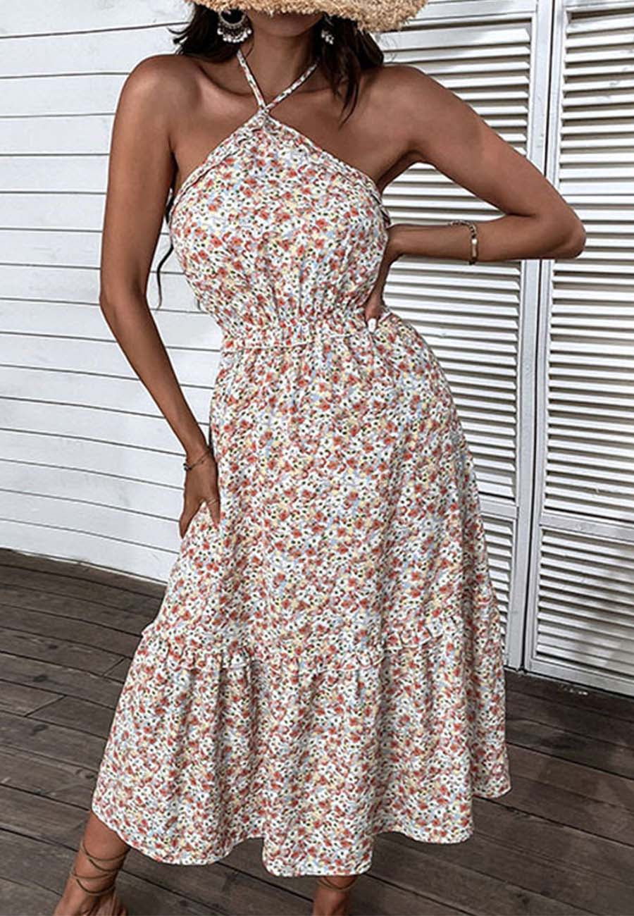 Vestido floral con cuello halter y lazo en la espalda