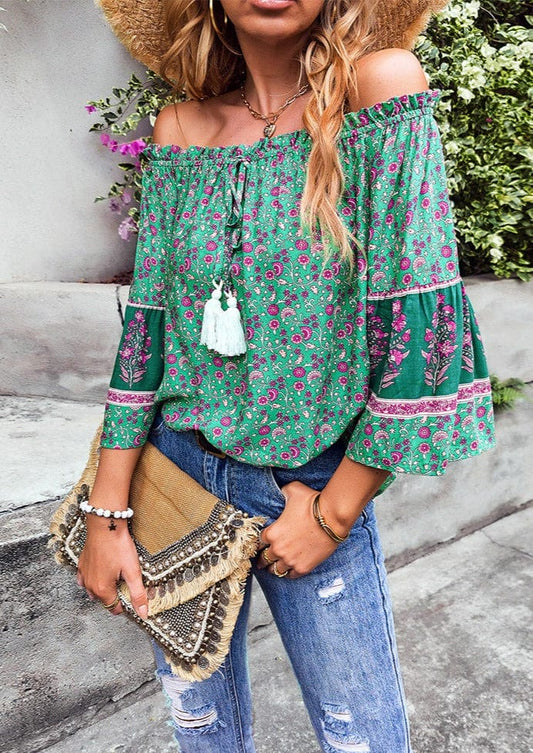 Off Shoulder Ribbon Tassel Top