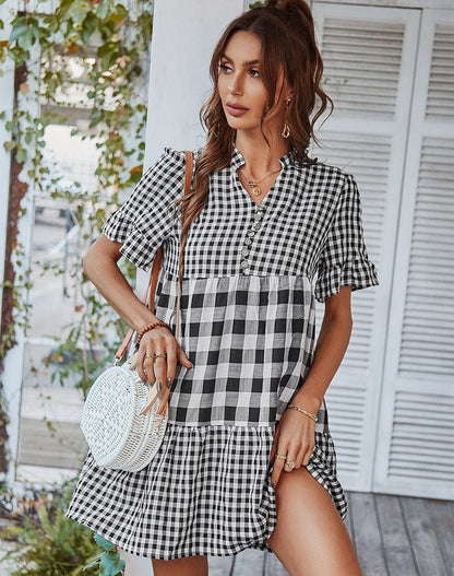 Vestido con volantes suaves y estampado de cuadros mixtos