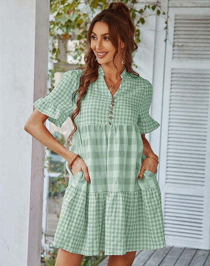 Vestido con volantes suaves y estampado de cuadros mixtos