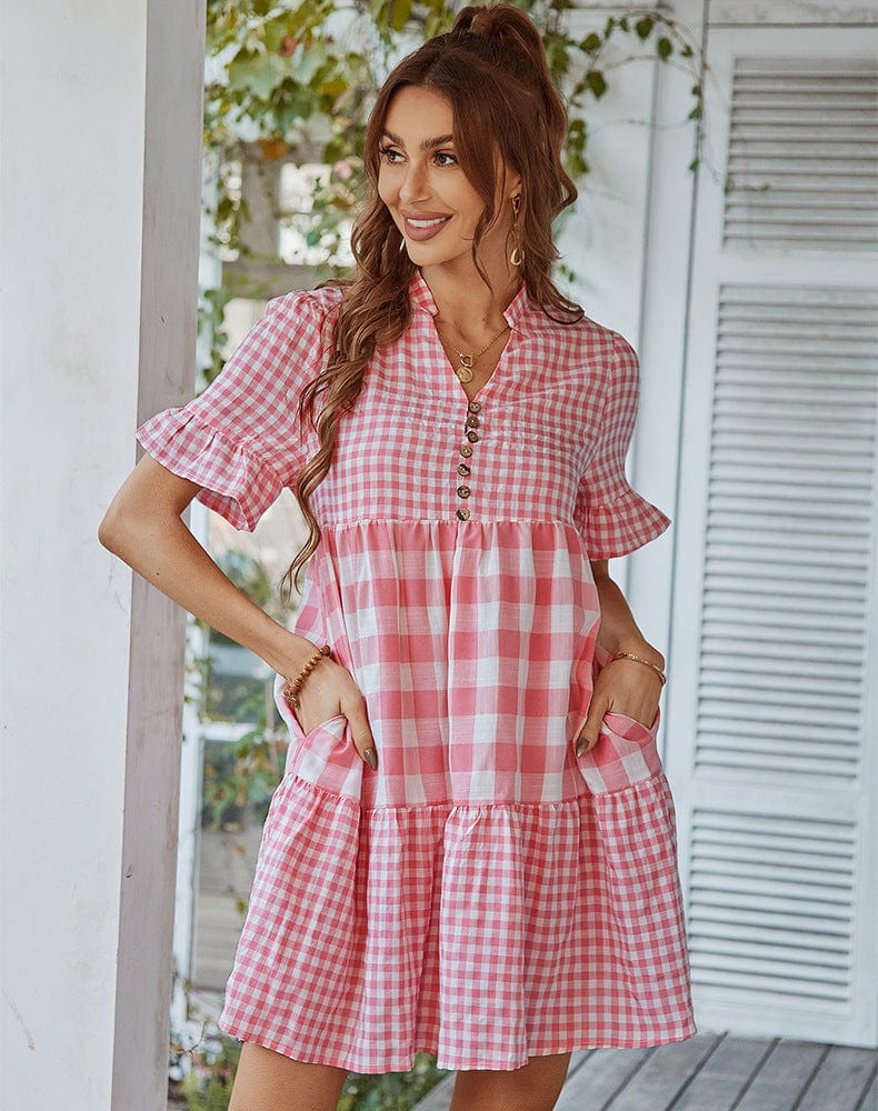 Vestido con volantes suaves y estampado de cuadros mixtos