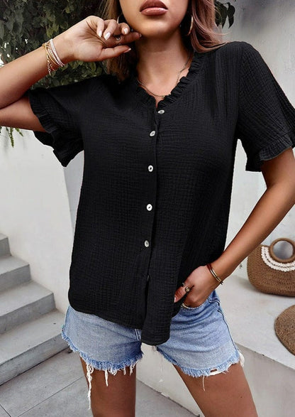 Textured Ruffle Button Down Blouse