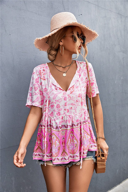 Tie Neck Loose Boho Blouse