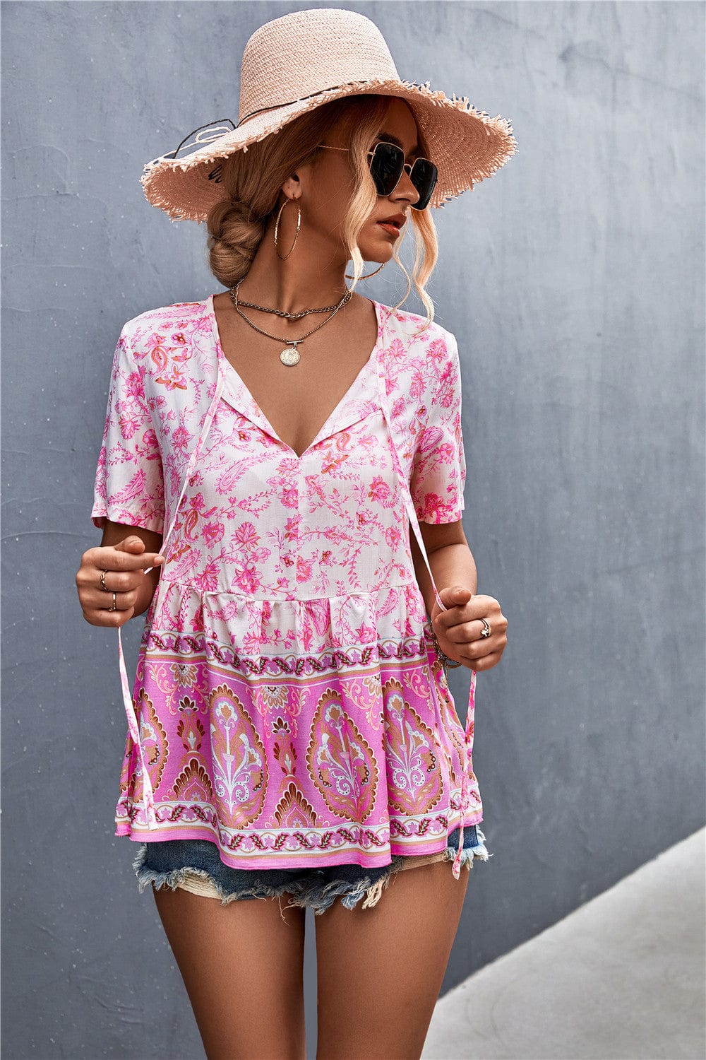 Tie Neck Loose Boho Blouse