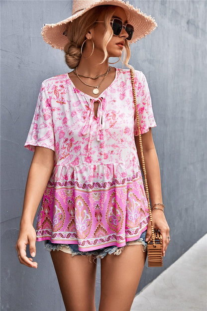 Tie Neck Loose Boho Blouse