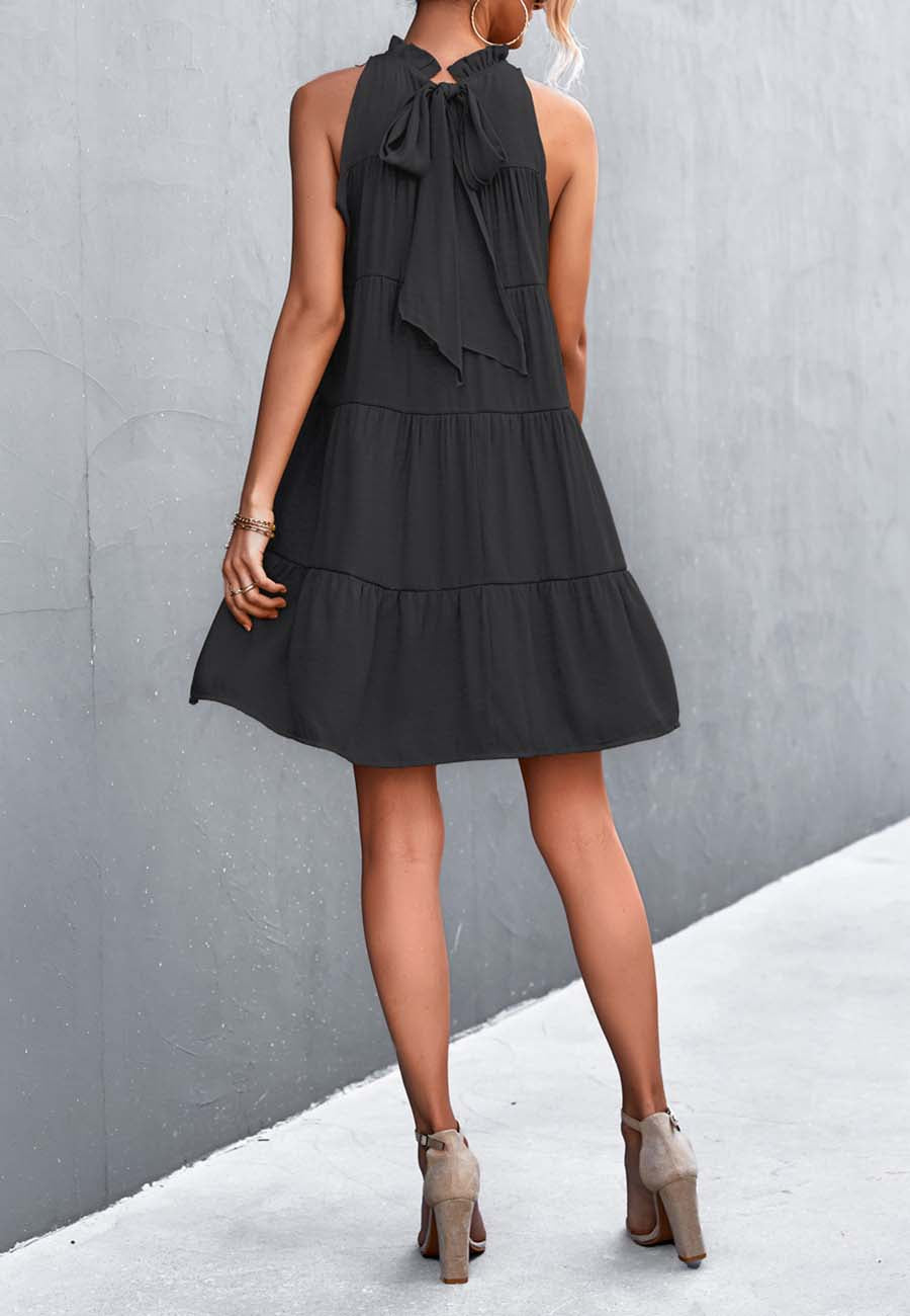 Ribbon Back Ruffle Neck Dress