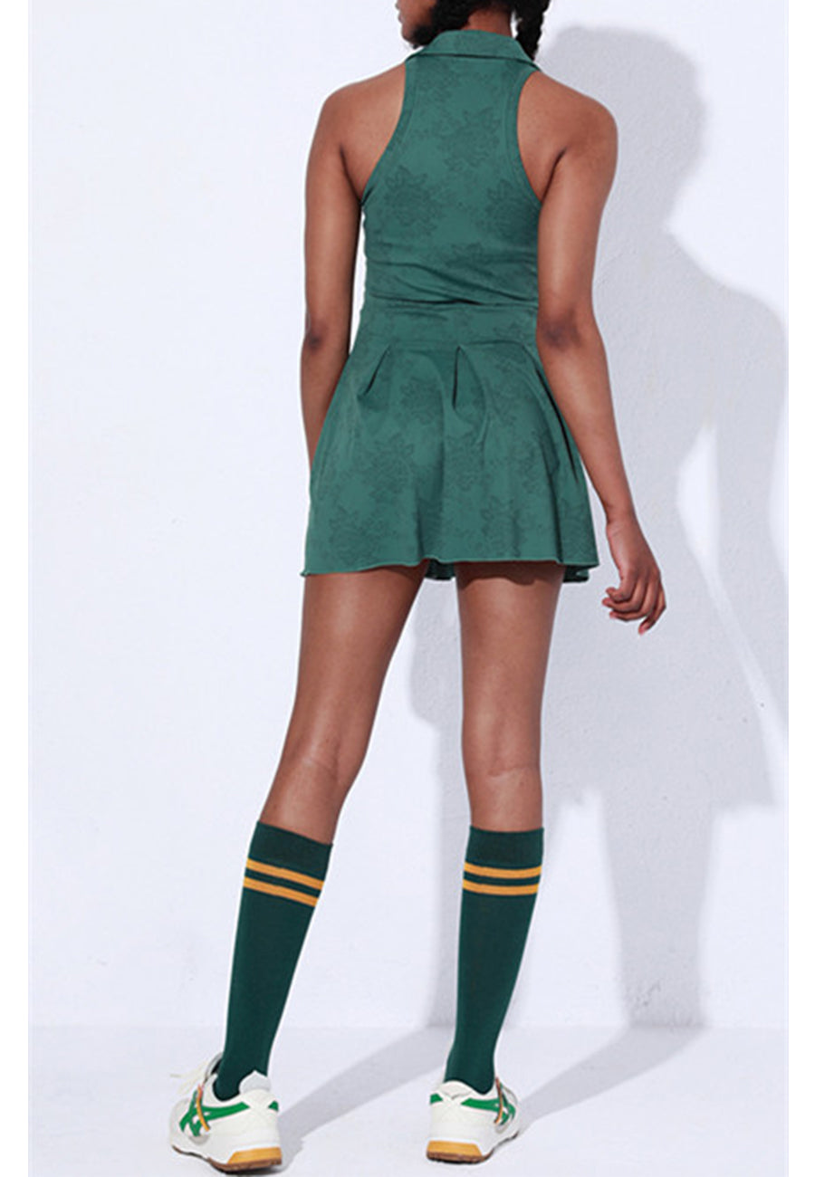 Collared Pleated Mini Exercise Dress | Dark Olive Green Tennis