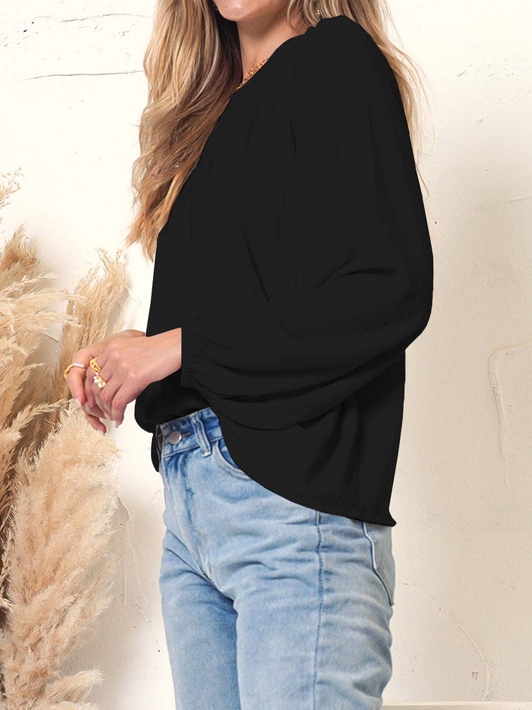 Blusa fruncida con cuello redondo 