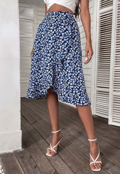 Floral Print Overlap Ruffle Skirt