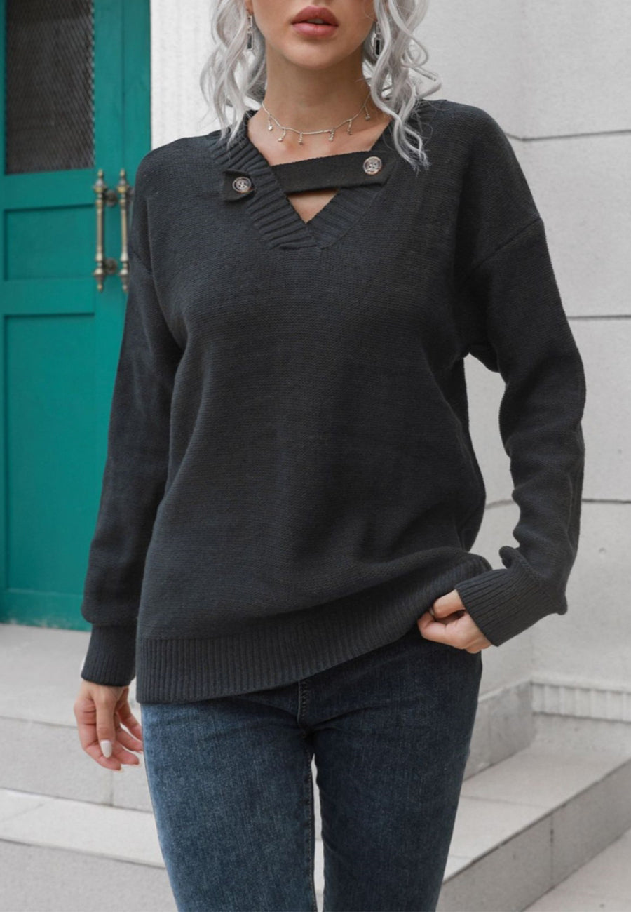 Button Detail V Neck Sweater