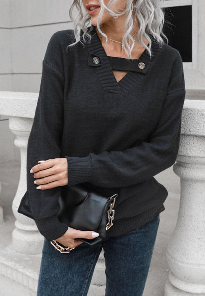 Button Detail V Neck Sweater