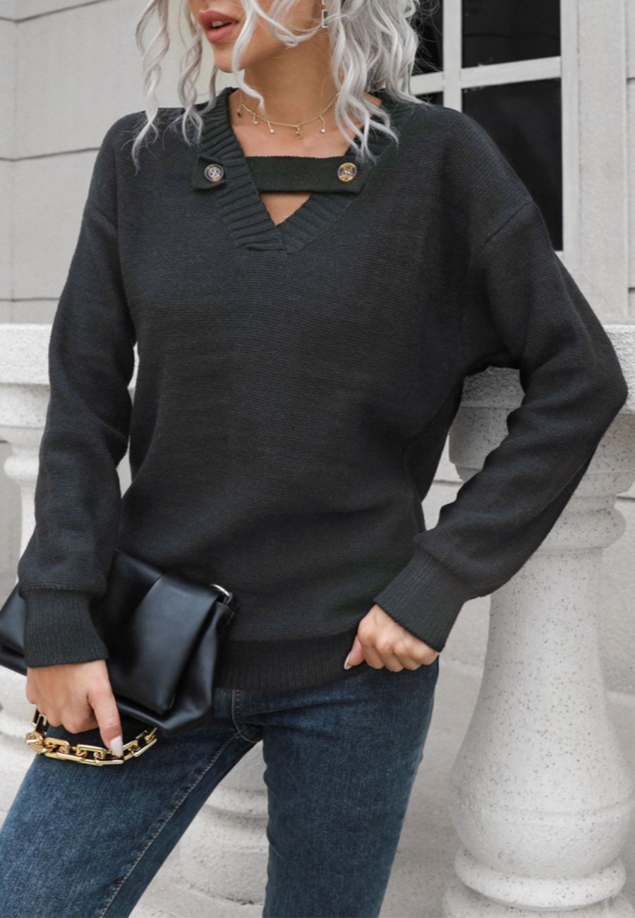 Button Detail V Neck Sweater