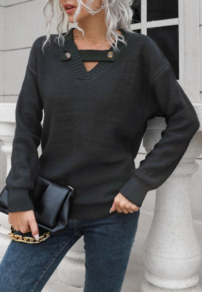 Button Detail V Neck Sweater