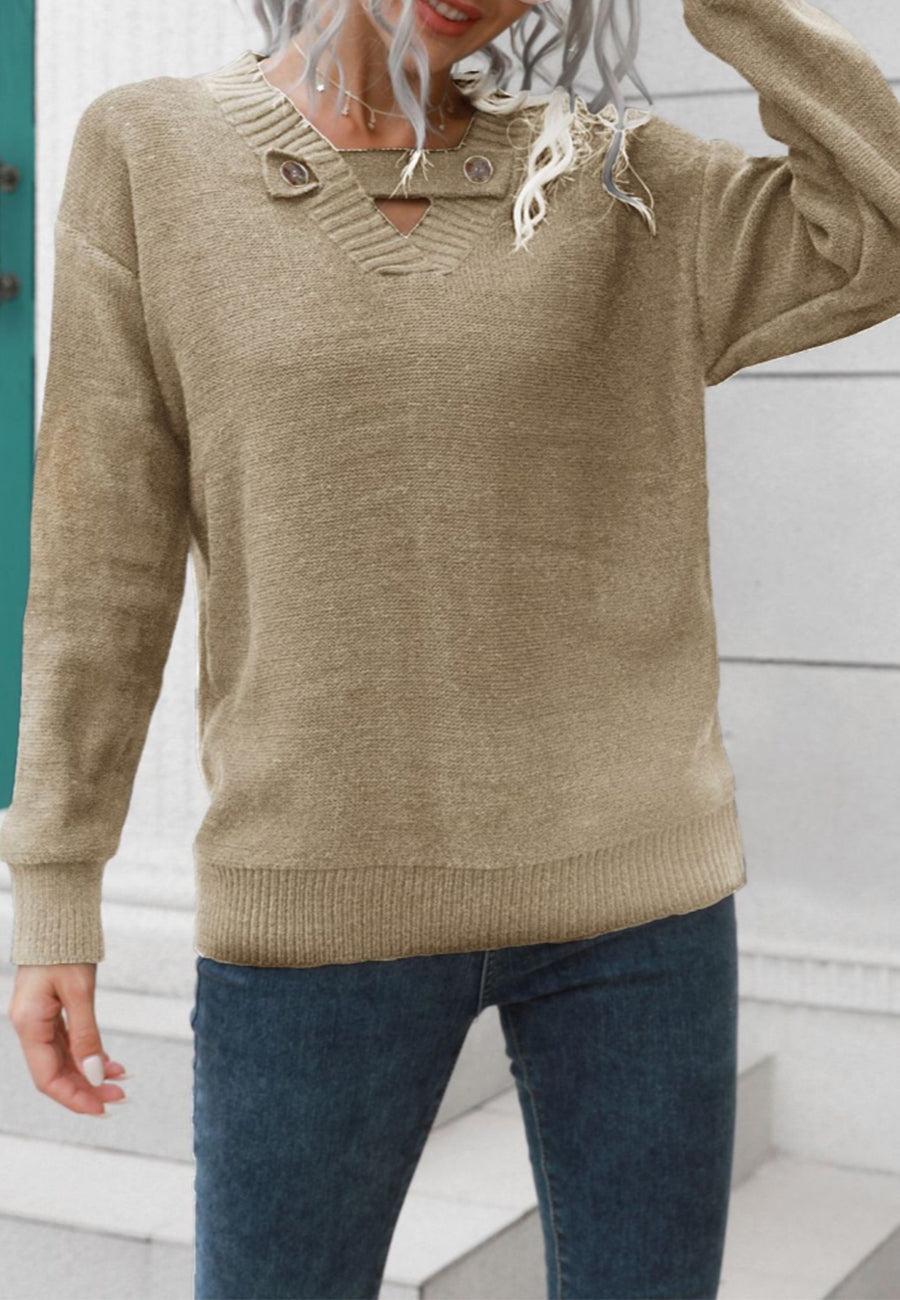 Button Detail V Neck Sweater