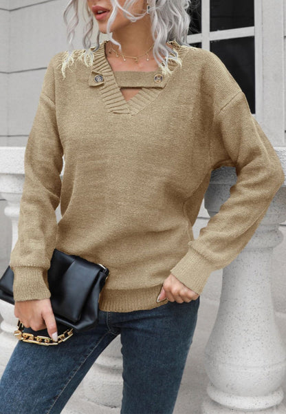 Button Detail V Neck Sweater