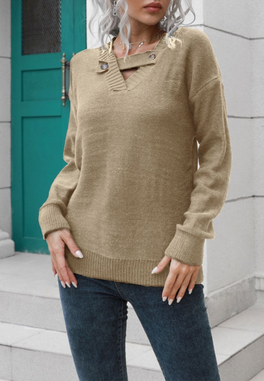 Button Detail V Neck Sweater