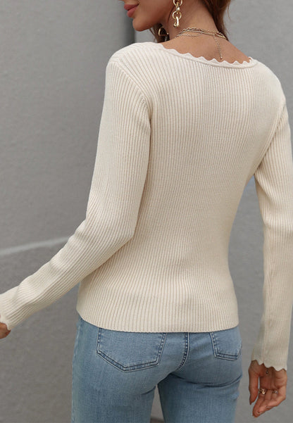 Scallop Detail Ribbed Knit Sweater