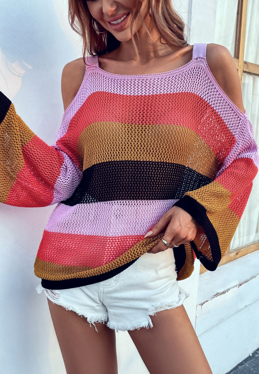 Multicolor Striped Cold Shoulder Sweater