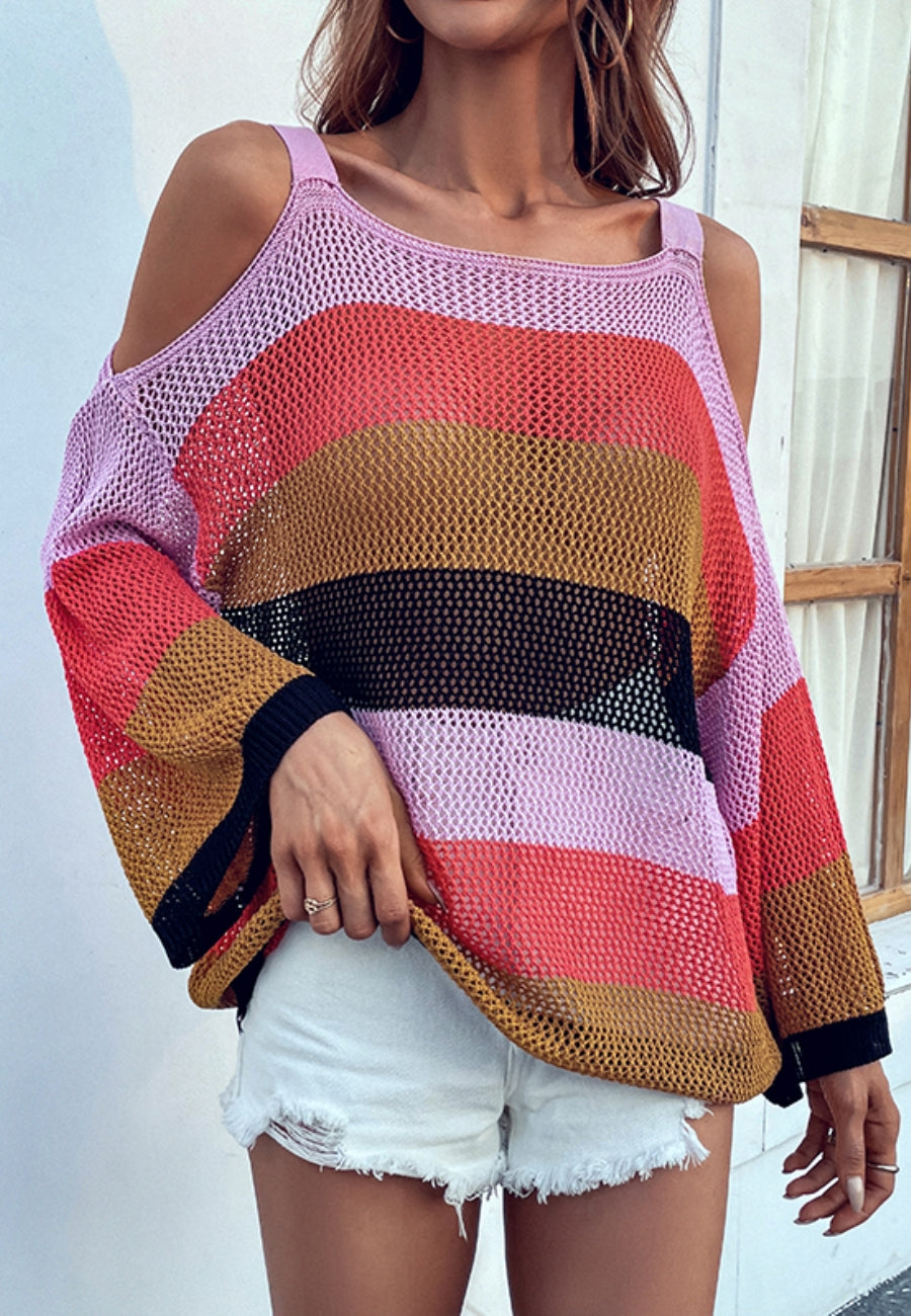 Multicolor Striped Cold Shoulder Sweater