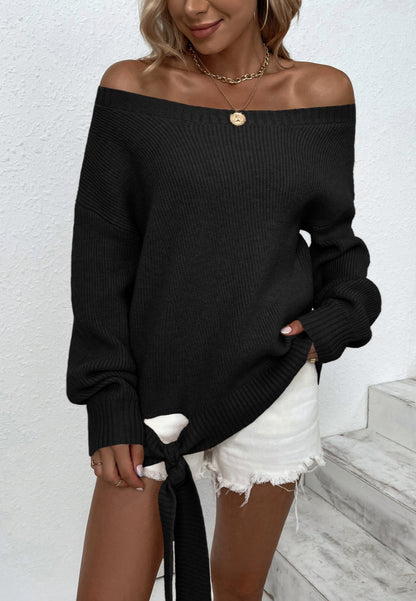 Off Shoulder Tie Hem Sweater