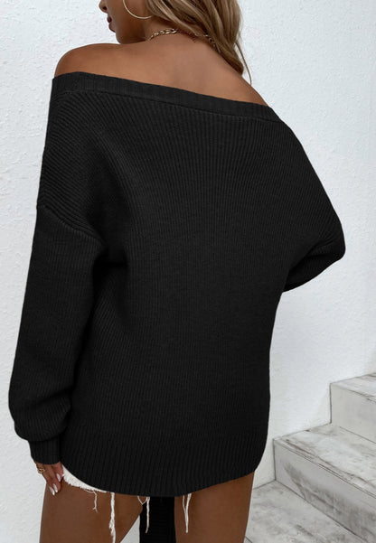 Off Shoulder Tie Hem Sweater