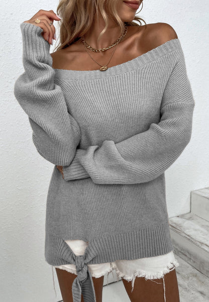 Off Shoulder Tie Hem Sweater