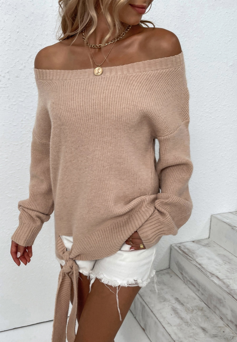 Off Shoulder Tie Hem Sweater