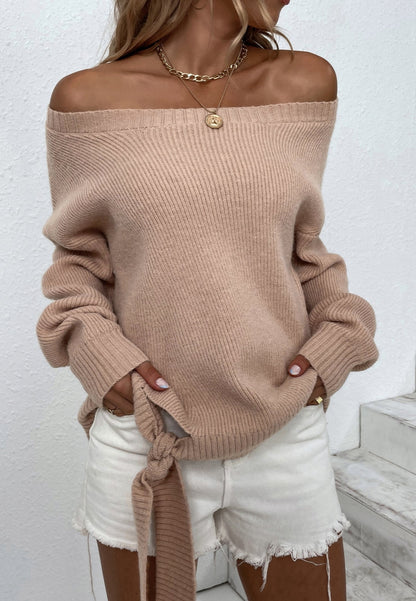 Off Shoulder Tie Hem Sweater